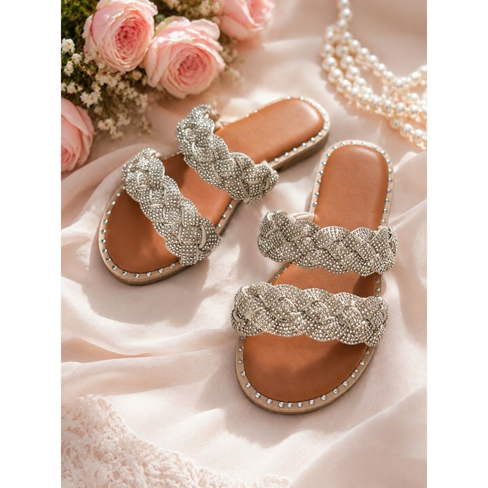 Tahari Girls Rhinestone Braided Slide Sandals Sz 9 Toddler Silver Sparkly  Shoes